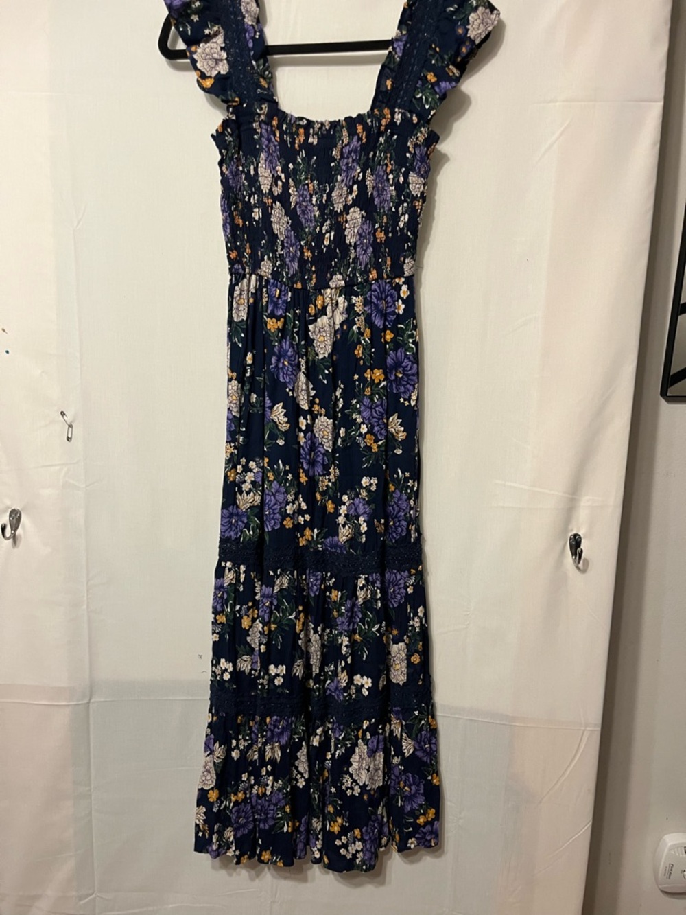 Angie Navy Floral Smocked Maxi Dress with Purple & White Blooms